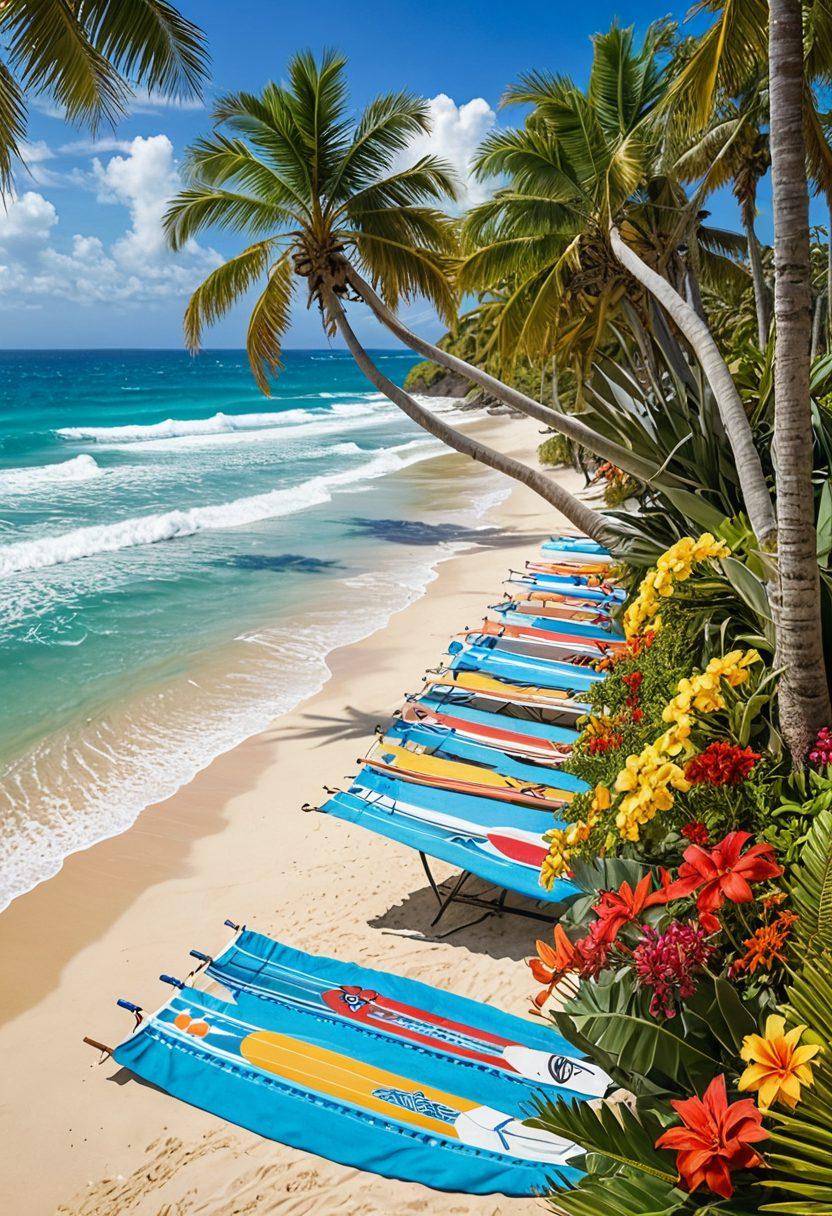 A vibrant, tropical beach scene showcasing a diverse group of people in colorful vacation attire, surrounded by lush floral arrangements and palm trees. Include elements like surfboards, beach towels, and sun hats to emphasize the ocean lifestyle. The sky should be a brilliant blue with fluffy white clouds, and the ocean waves gently lapping at the shore. The overall atmosphere should feel cheerful and inviting. tropical paradise. vibrant colors. super-realistic.